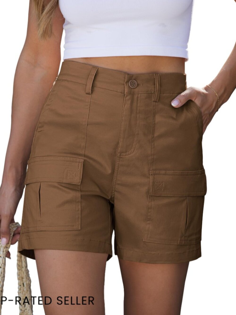 High Waisted Cargo Shorts Casual Summer Knit Elastic Back 5 Inch Inseam Mid